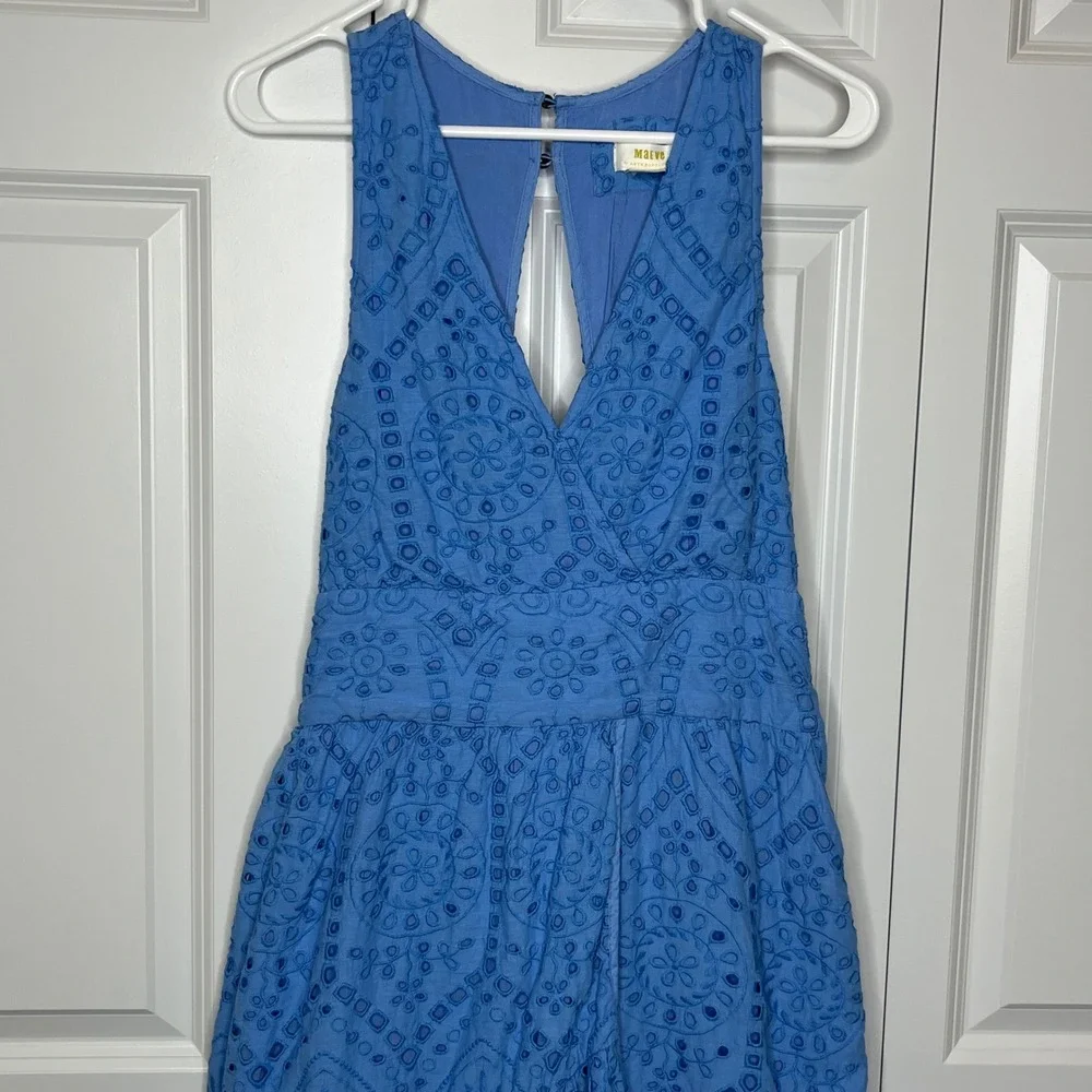 Maeve Anthropologie Blue Eyelet Midi Dress Size 12 Tie Waist Boho - Picture 6 of 15